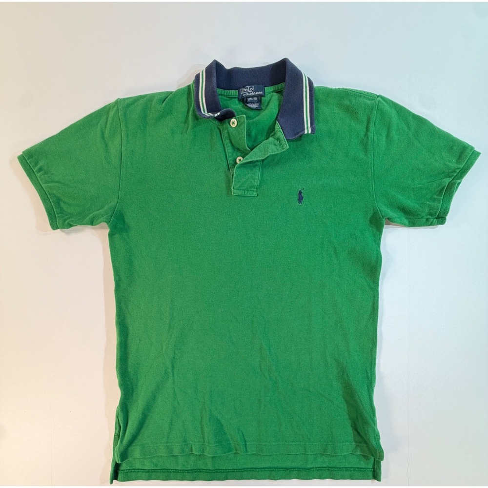 Polo Ralph Lauren Boys Green Short Sleeve Polo Shirt Navy Tipped Collar Size L